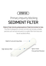 Sediment filter with text explaining its function on a white background
