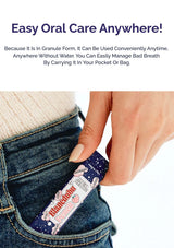 Product packaging held by a hand with promotional text about easy oral care.