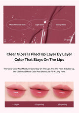 Lip gloss application guide with text and lip color swatches.