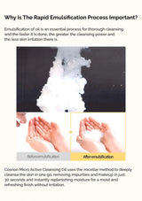 Cosnori Micro Active Cleansing Oil emulsification process with hands before and after emulsification.