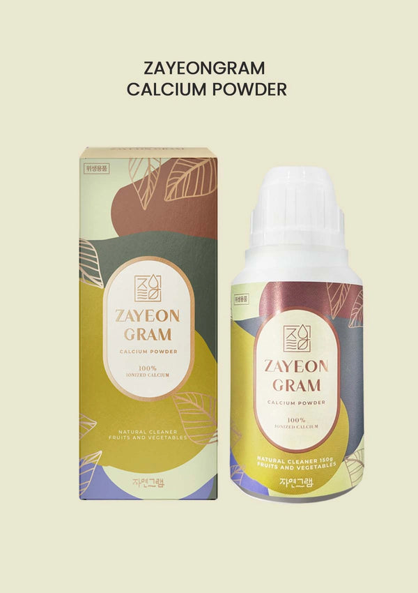 Zayeongram Calcium Powder packaging and bottle on a beige background