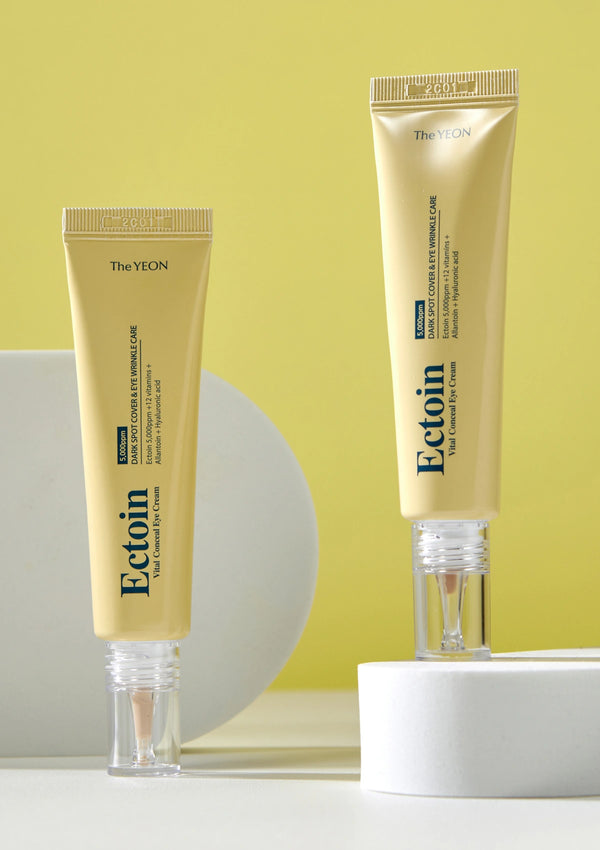 Two tubes of The YEON Ectoin skincare product on a white and yellow background