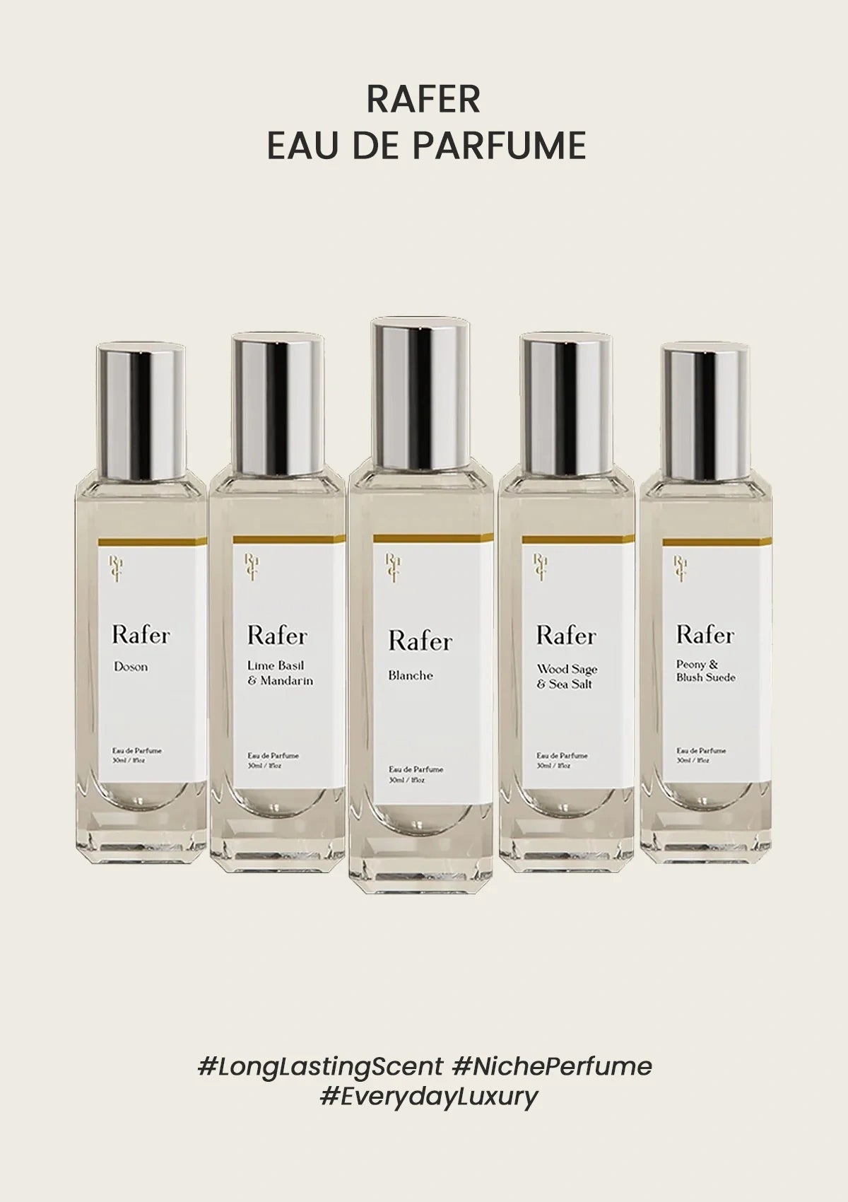 Five bottles of Rafer Eau de Parfum on a white background