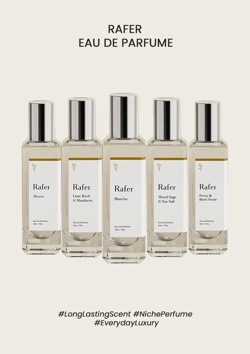 Five bottles of Rafer Eau de Parfum on a white background