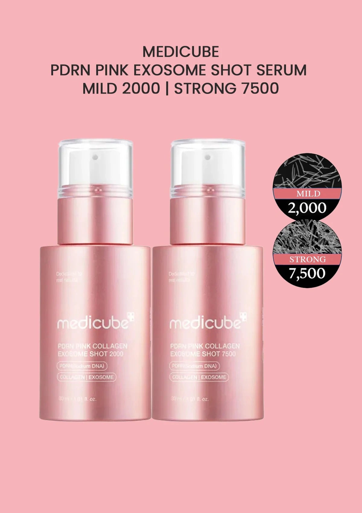 Two pink skincare serum bottles with labels on a pink background