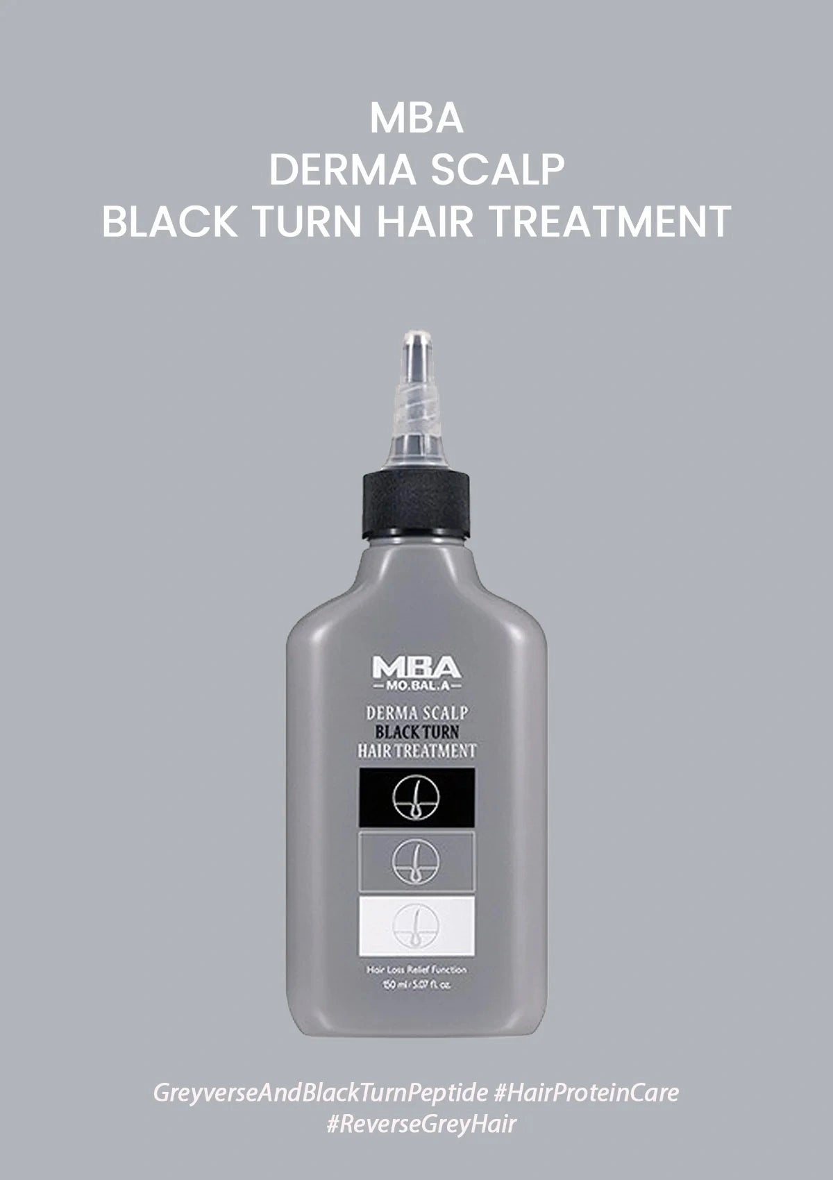MBA Derma Scalp Black Turn Hair Treatment bottle on a gray background