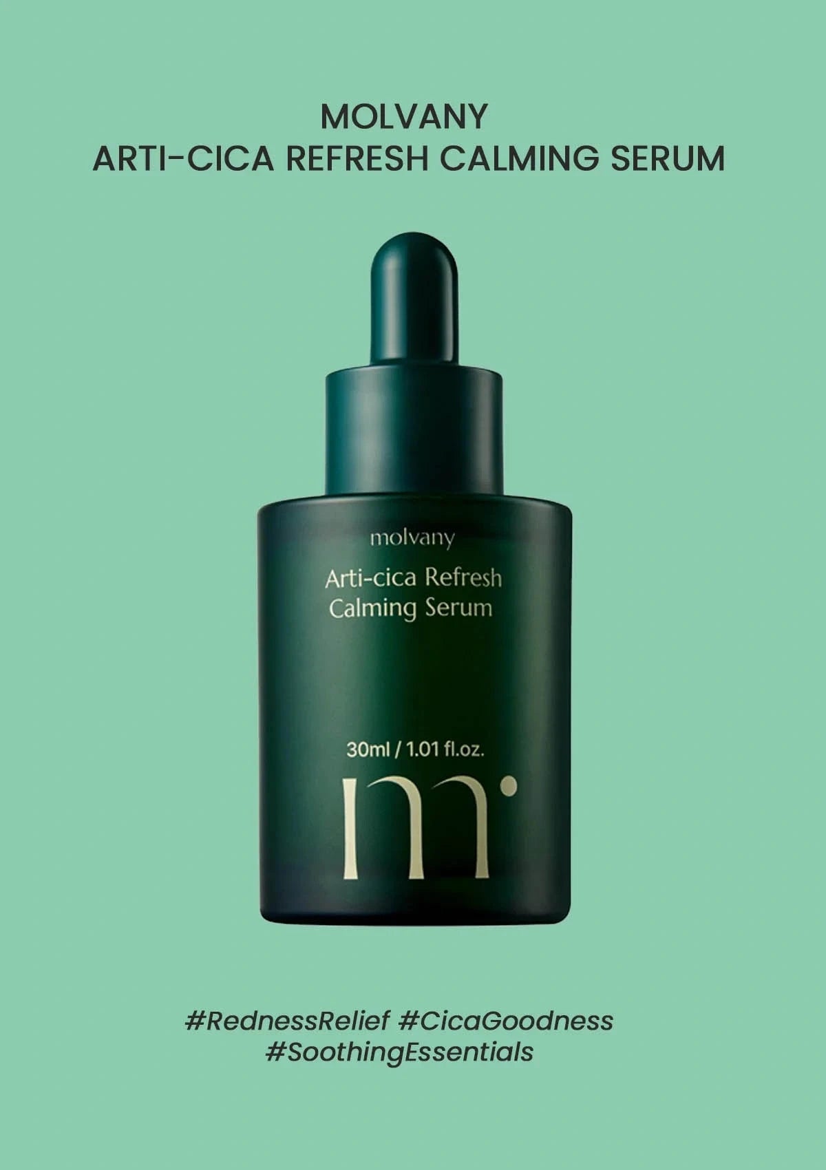 Molvany Anti-Cica Refresh Calming Serum bottle on a green background