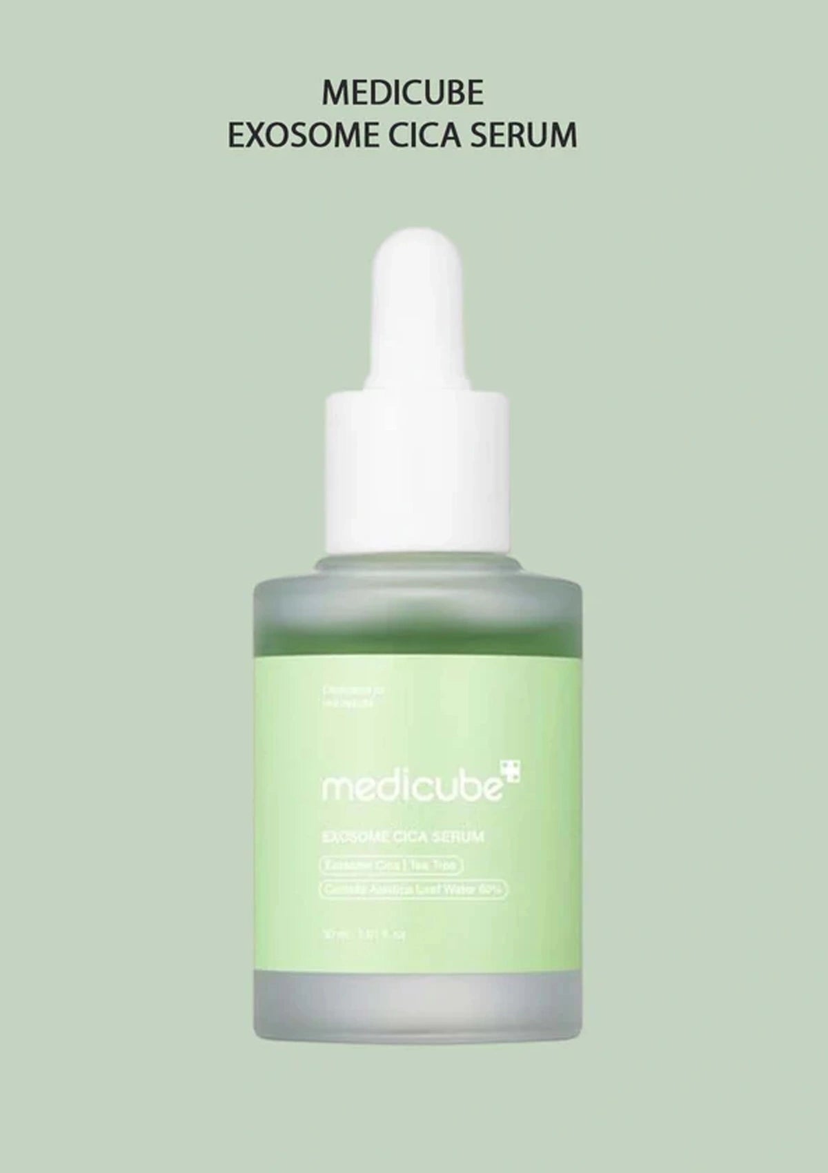 Medicube Exosome Cica Serum bottle on a light green background