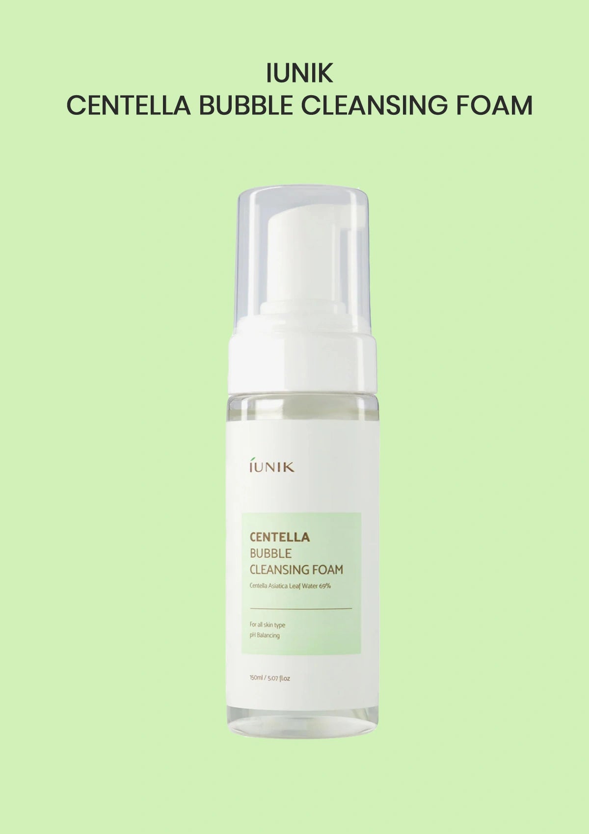 IUNIK Centella Bubble Cleansing Foam bottle on a light green background