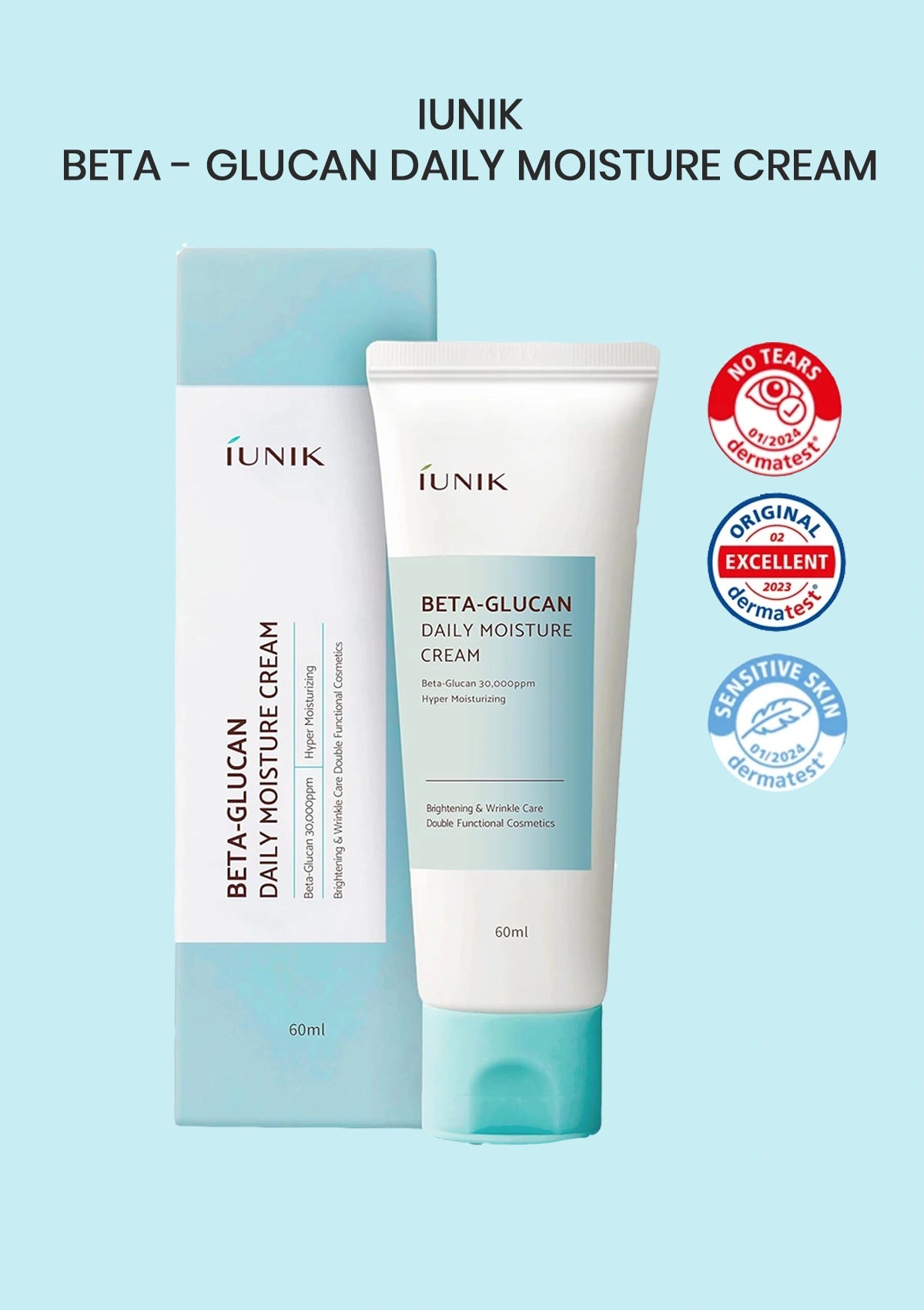 IUNIK Beta-Glucan Daily Moisture Cream with packaging on a light blue background