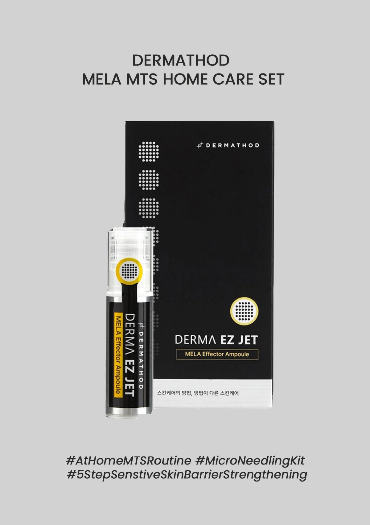 DERMATHOD Mela MTS Home Care Set with Derma EZ Jet Ampoule on a gray background