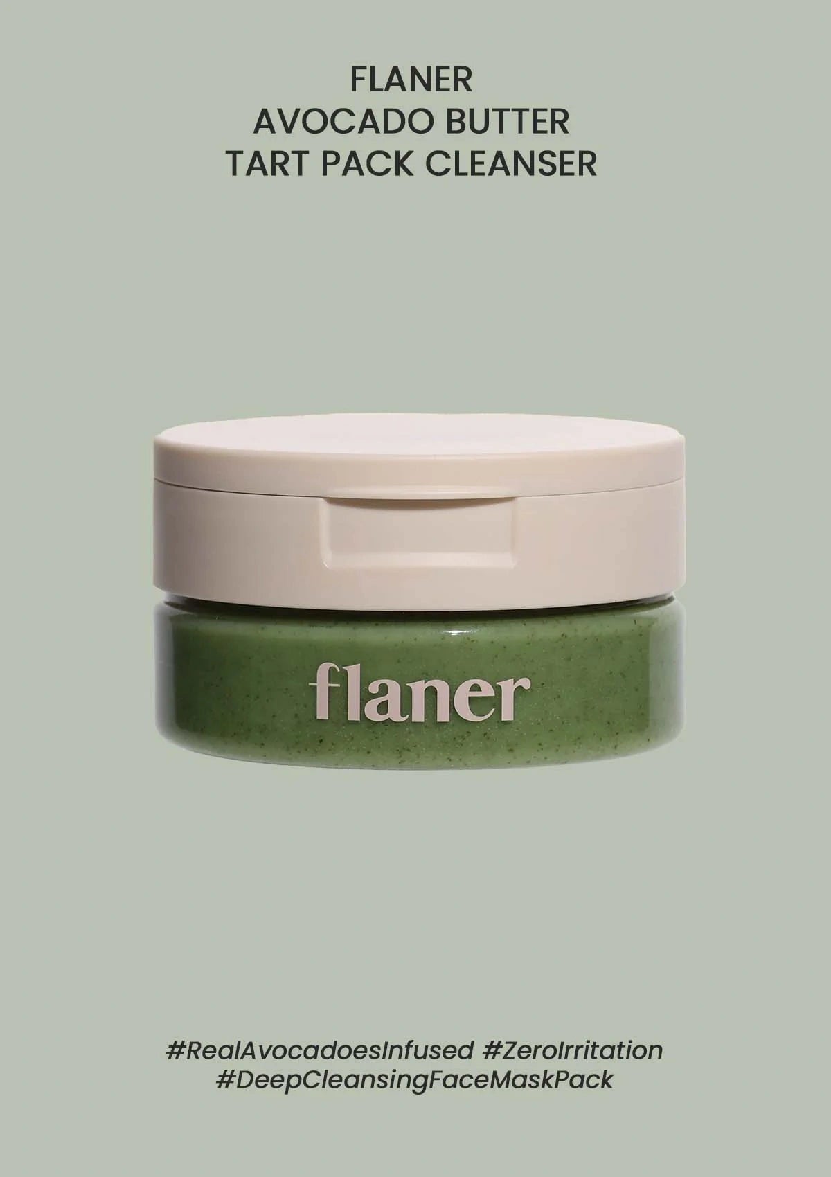 Flaner avocado butter tart pack cleanser jar on a light green background