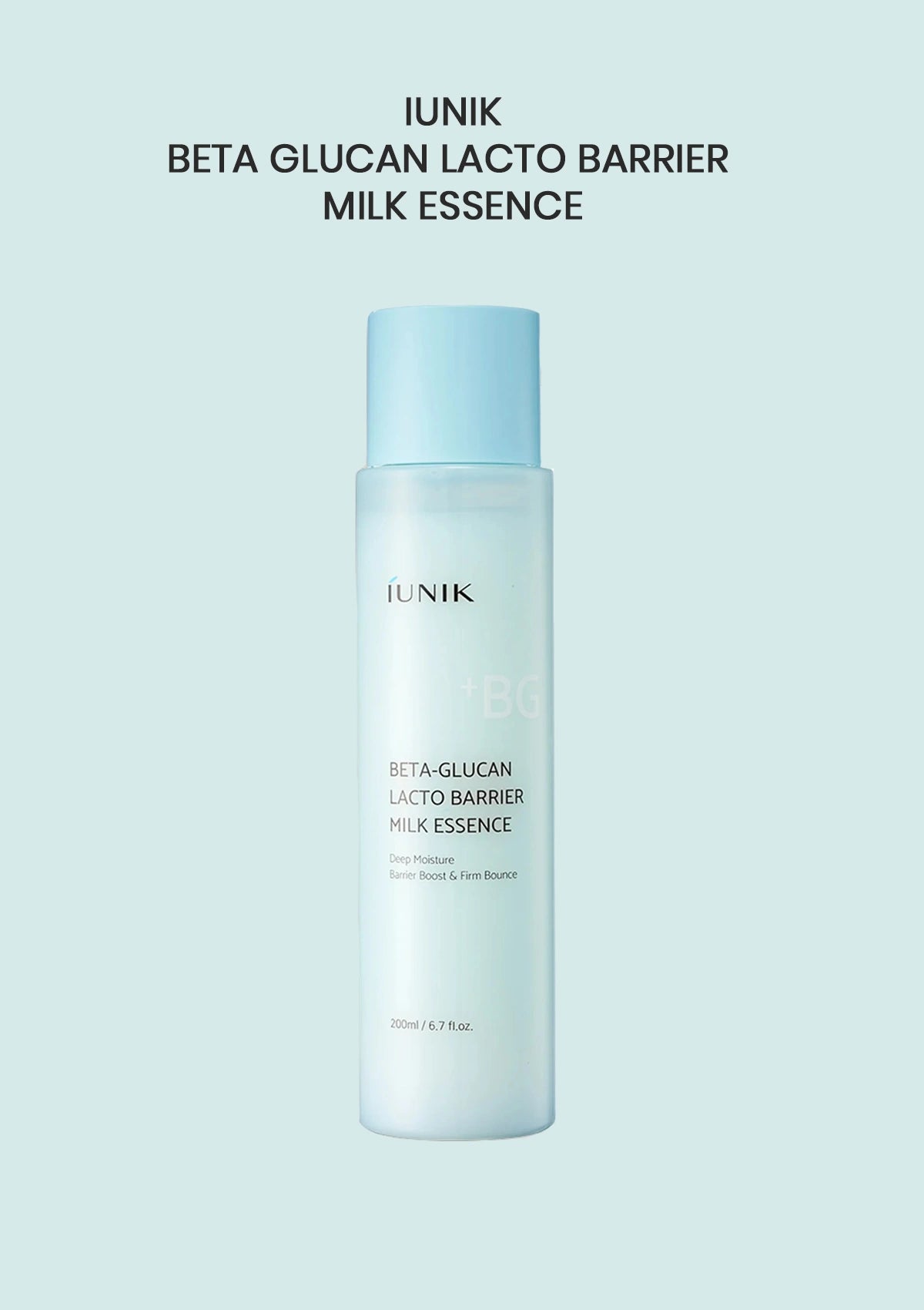 IUNIK Beta Glucan Lacto Barrier Milk Essence bottle on a light blue background