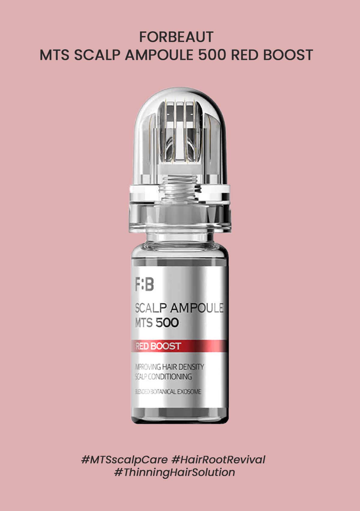 F:B Scalp Ampoule MTS 500 Red Boost bottle on a pink background