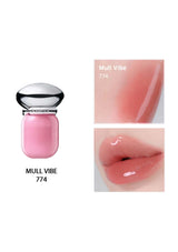 Pink lip gloss with 'Mull Vibe 774' label, close-up of lip color on a white background.