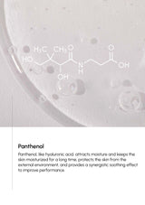 Molecular structure of Panthenol with a close-up of skin texture and water droplets on a light gray background.