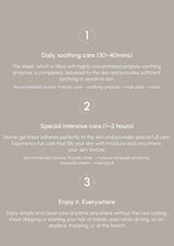 Instructions for daily soother care, special intensive care, and enjoying the product anywhere on a gray background.