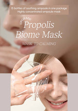 Advertisement for Propolis Biome Mask with a woman applying it to her face.