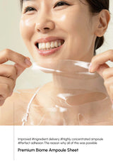 Woman applying a clear ampoule sheet to her neck with text about improved ingredient delivery and concentrated ampoules.