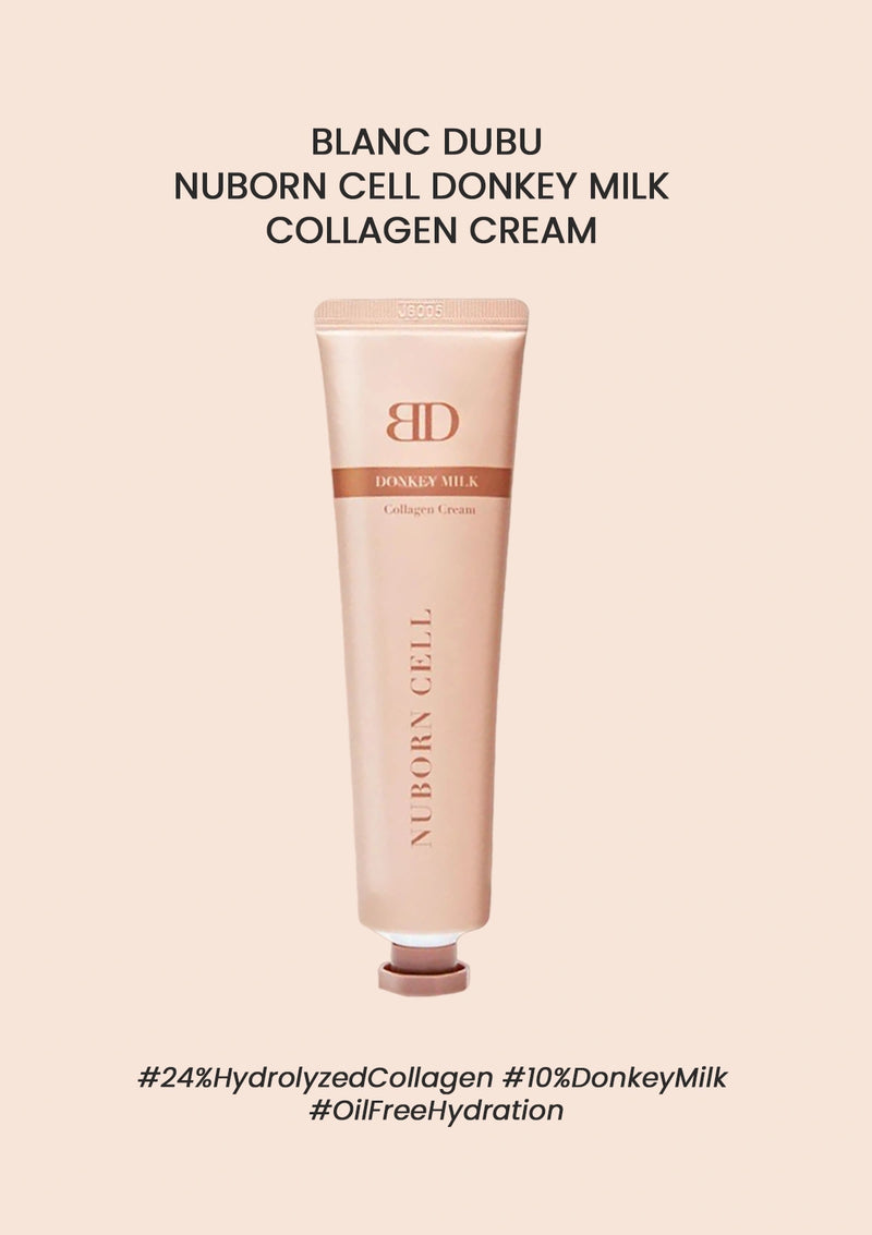 Nuborn Cell Donkey Milk Collagen Cream tube on a beige background