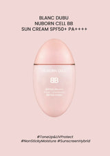 Pink BB cream bottle with text on a light pink background