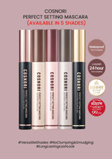 Cosnori perfect setting mascara with five different shades on a pink background