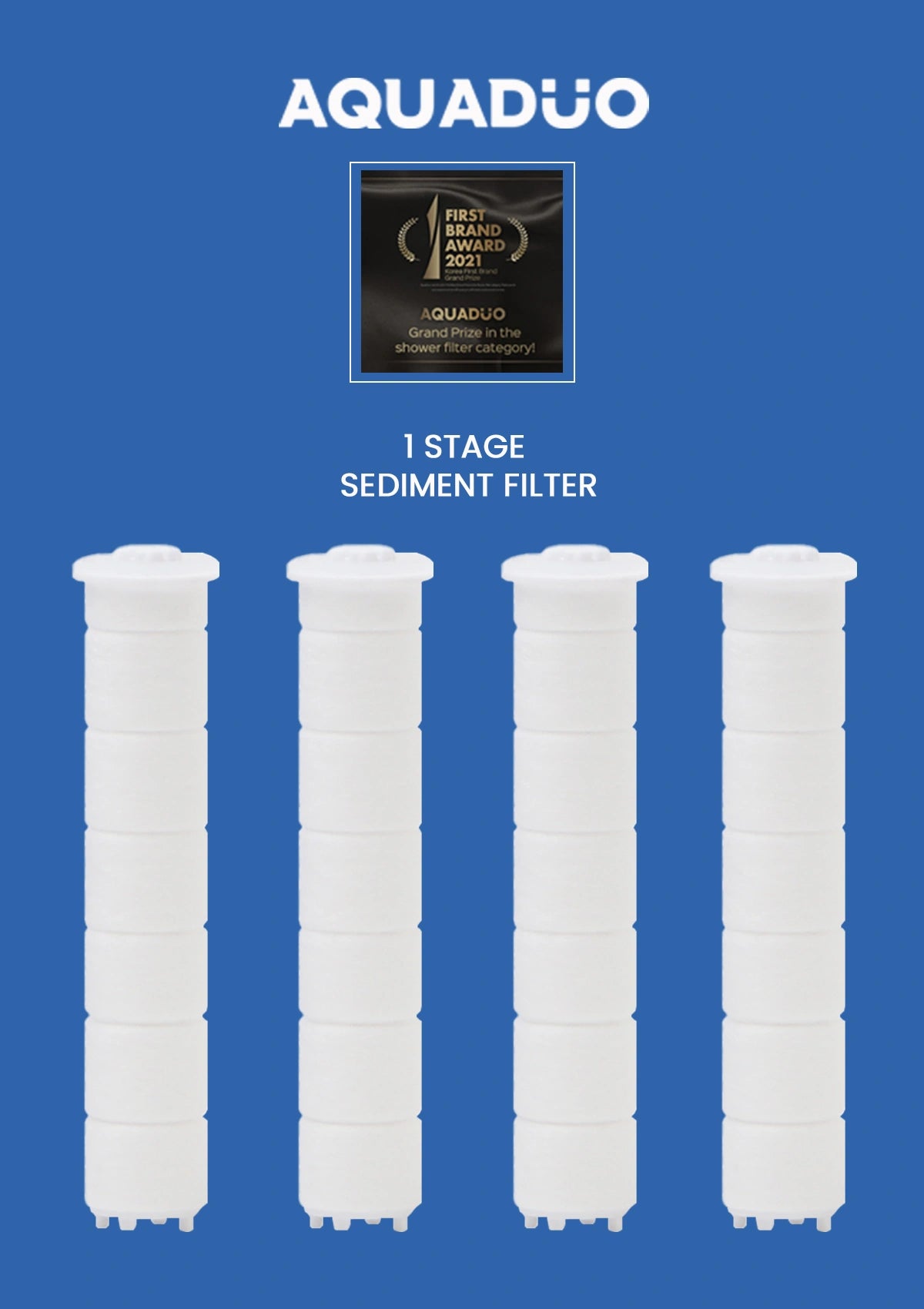 Four cylindrical white filters on a blue background with 'Aquaduo' branding.