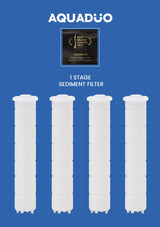 Four cylindrical white filters on a blue background with 'Aquaduo' branding.