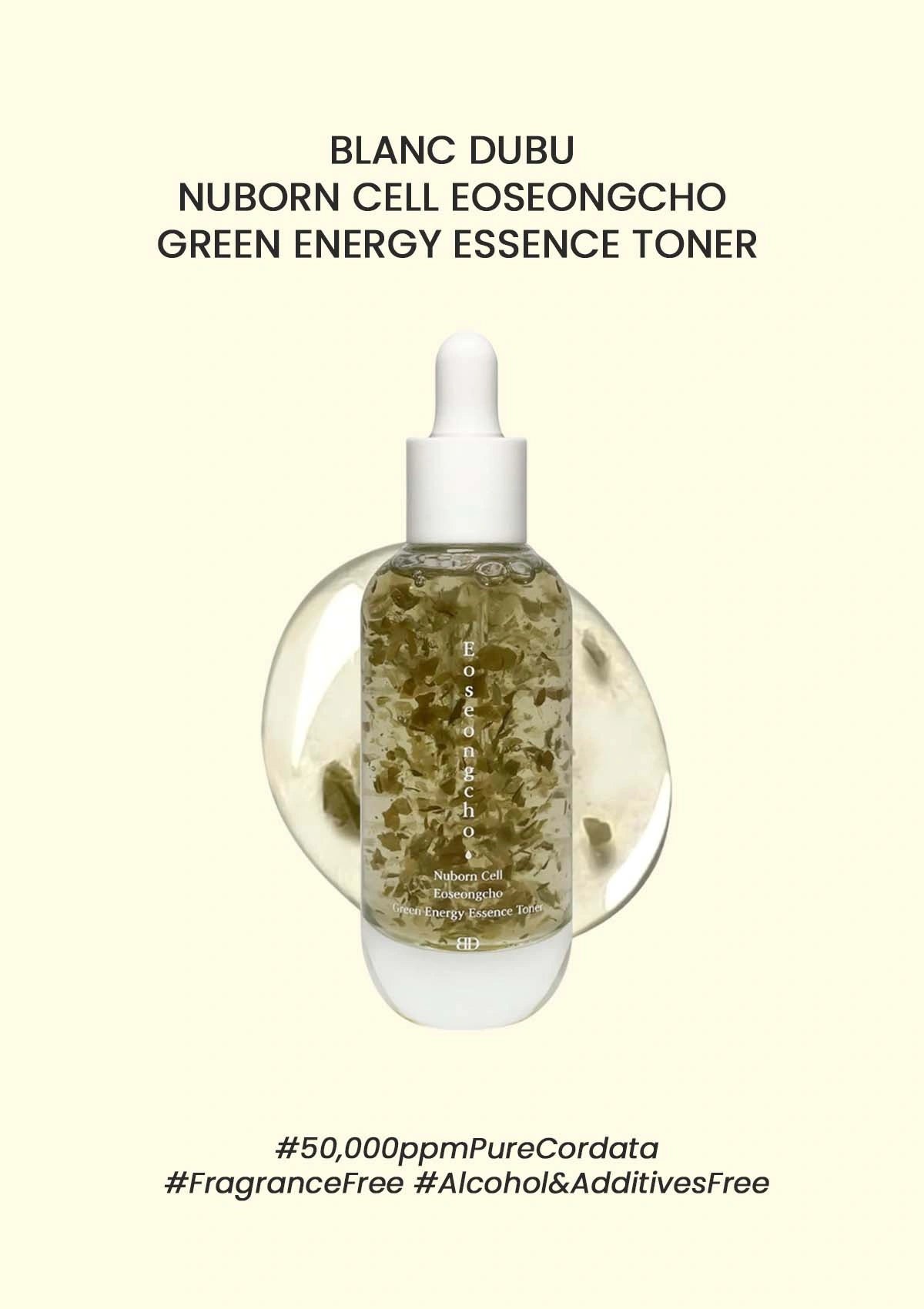 Bottle of Blanc Dubu Nuborn Cell Eoseongcho Green Energy Essence Toner on a beige background