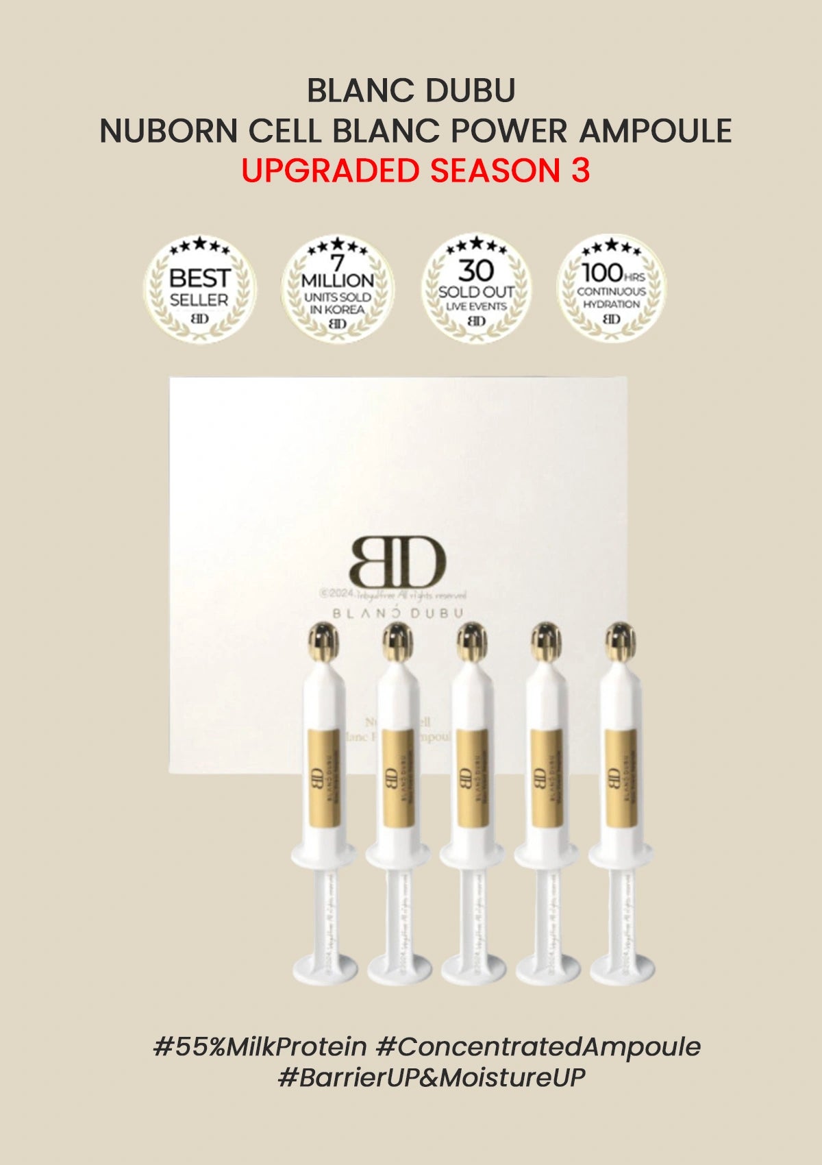 Packaging of Blanc Dubu Nuborn Cell Blanc Power Ampoule with product display and branding on a beige background.