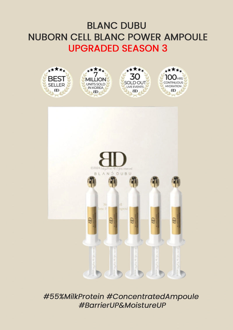 Packaging of Blanc Dubu Nuborn Cell Blanc Power Ampoule with product display and branding on a beige background.