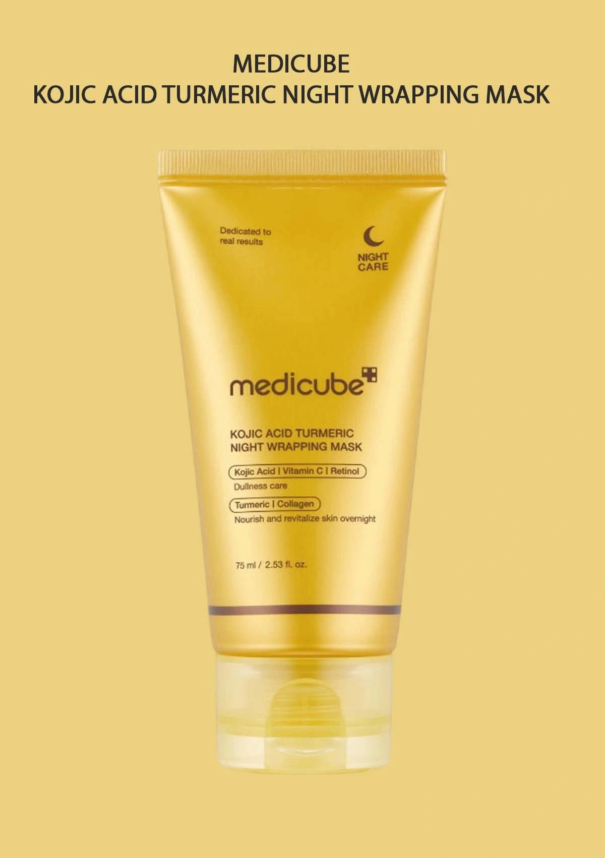 Medicube Kojic Acid Turmeric Night Wrapping Mask on a yellow background