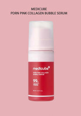 Medicube PDRN Pink Collagen Bubble Serum bottle on a pink background