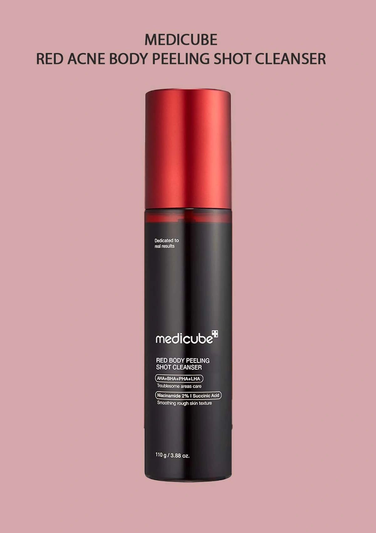 Medicube Red Acne Body Peeling Shot Cleanser bottle on a pink background