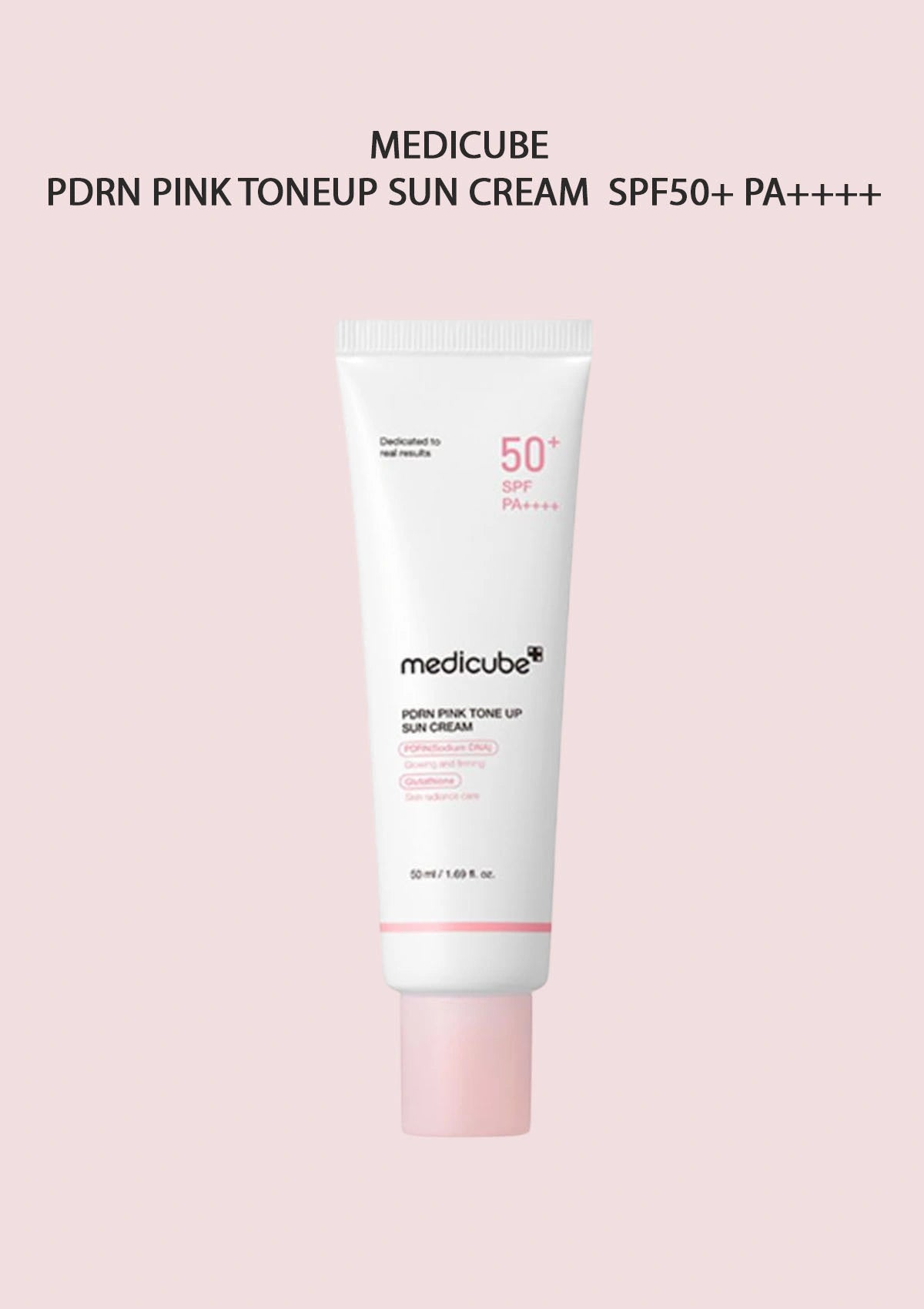 Medicube PDRN Pink Tone Up Sun Cream SPF50+ PA++++ on a pink background