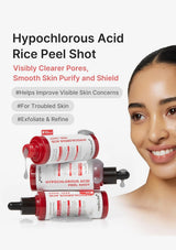 Hypochlorous Acid Rice Peel Shot with a model showing clear skin on a white background