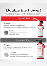 Product advertisement for a skincare serum and lotion with text on usage and benefits.