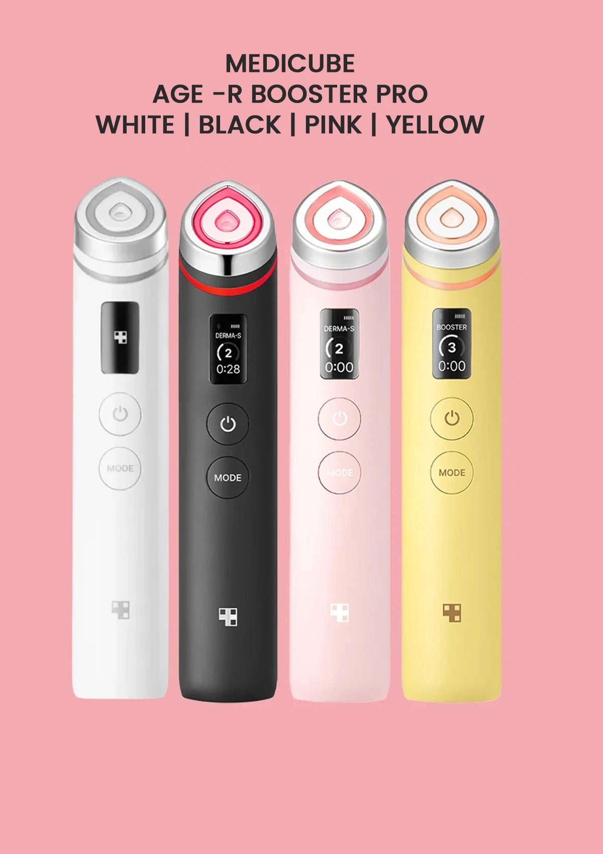 Four Medicube AGE-R Booster Pro devices in white, black, pink, and yellow on a pink background.