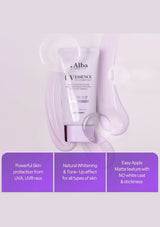 Alba UV Essence skincare product with purple packaging on a light purple background