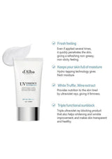 d'Alba UV Essence Moisturizer tube with product features on a white background