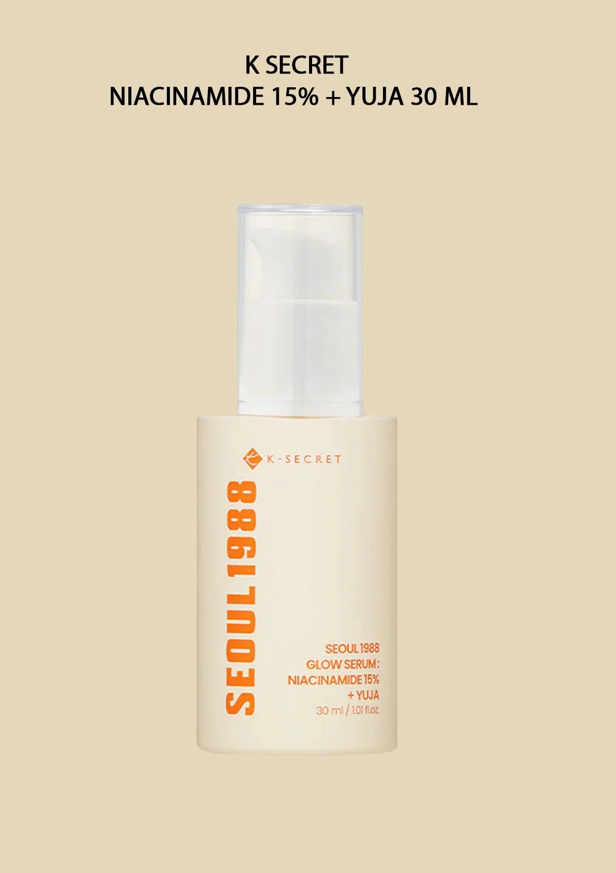 K Secret skincare serum bottle on a beige background