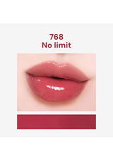 Close-up of lips wearing a pink lipstick with '768 No limit' text.