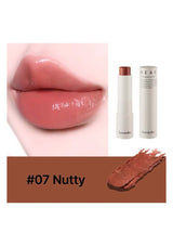 Lipstick with '07 Nutty' shade on a brown background, showing close-up of lips wearing the color.