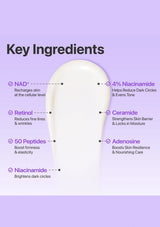 Skincare product with key ingredients listed on a purple background