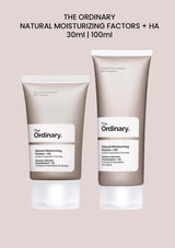 Two bottles of The Ordinary Natural Moisturizing Factors + HA in different sizes, one with 30ml and another with 100ml.