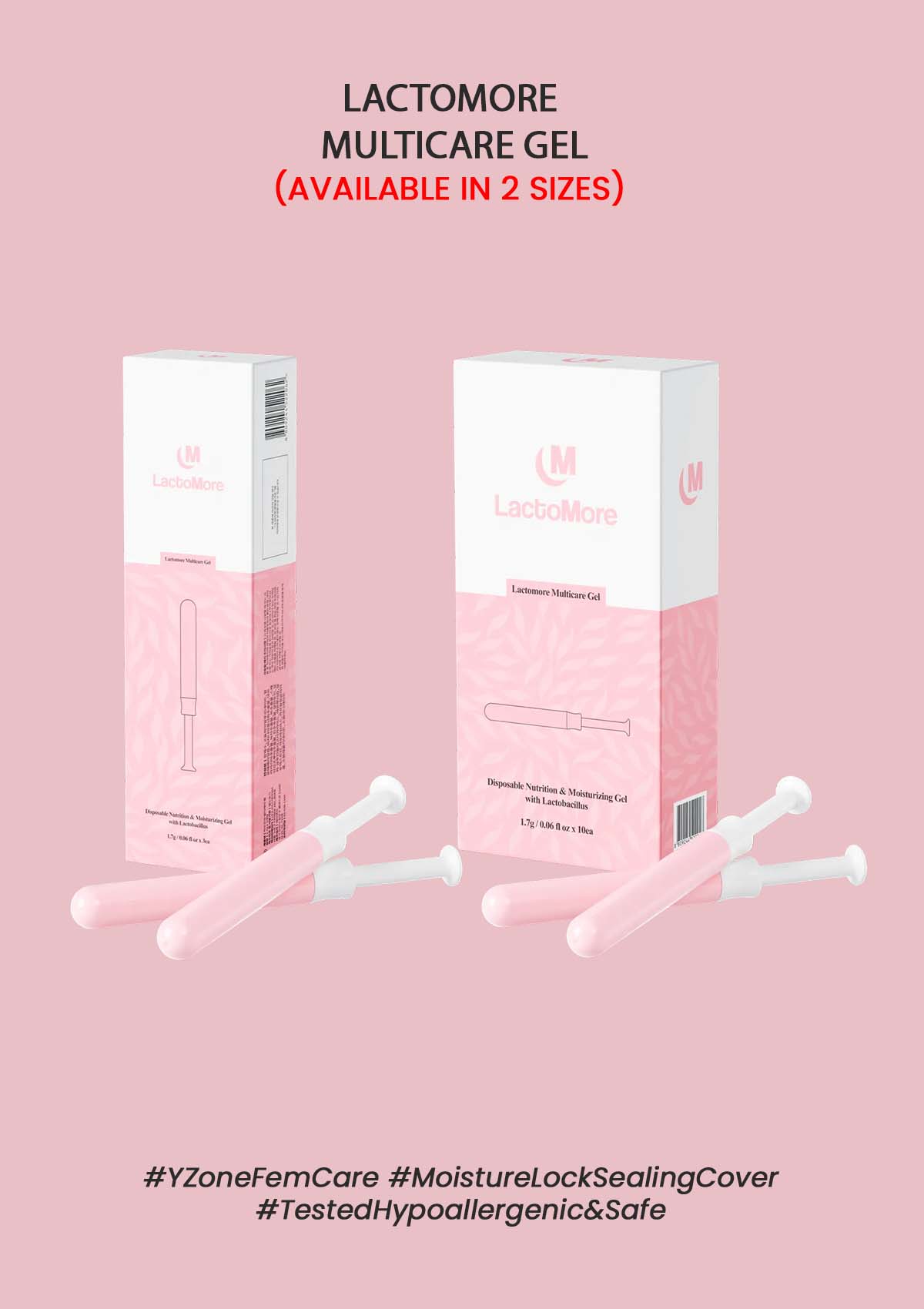 Packaging of LACTOMORE Multicare Gel, showing boxes and syringe-like applicators, in pink and white colors.