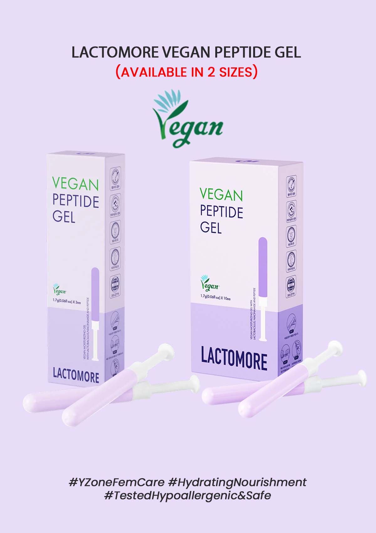 Packaging of LACTOMORE Vegan Peptide Gel with branding and product information, indicating that the product is available in two sizes and is vegan certified.