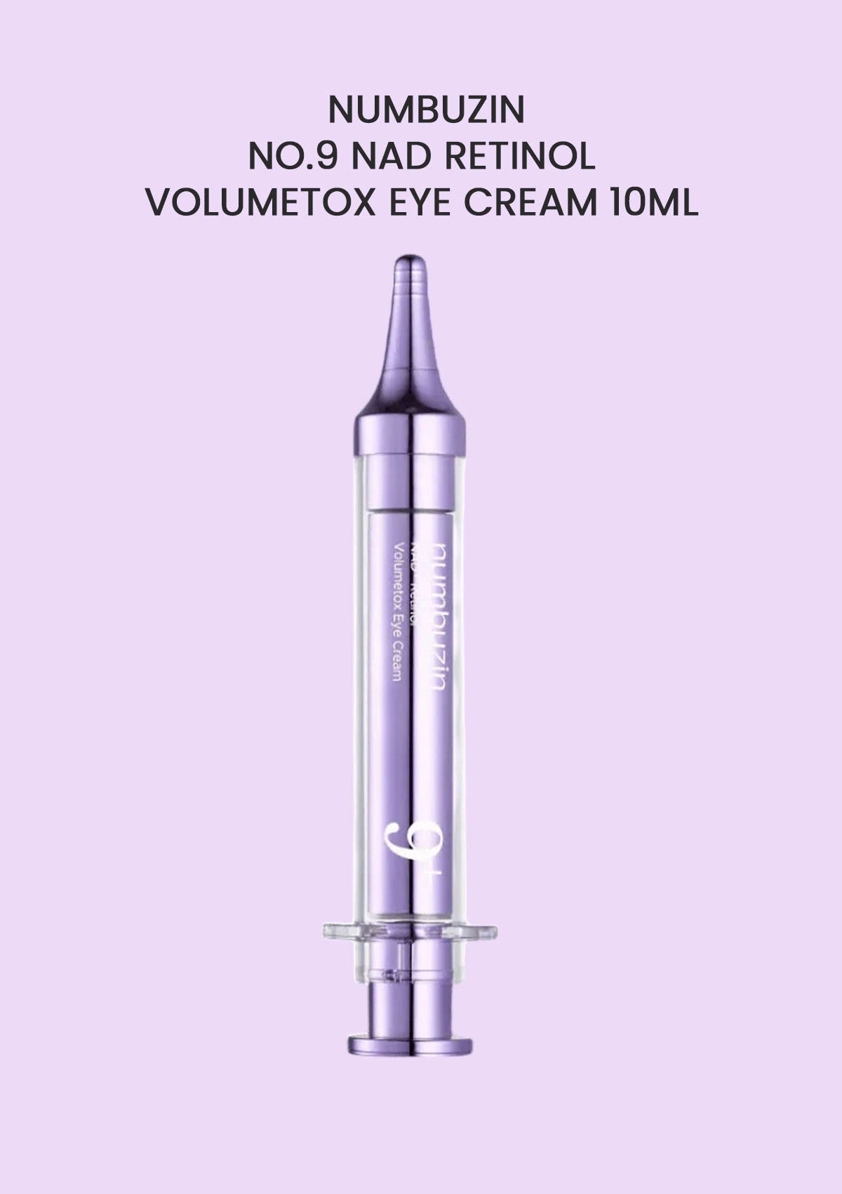 Volumetox eye cream bottle with Numbuzin branding on a light purple background
