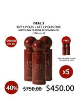 Advertisement for Jakyoung Peaona Blooming Oil with pricing and deal information on a white background.