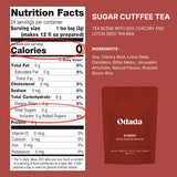 Nutrition facts label and tea package of Odada Sugar Cutffee Tea on a red background